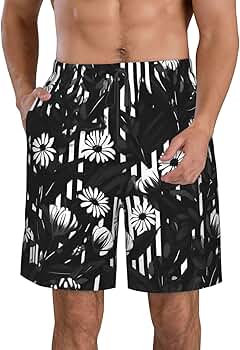 MDATT Black and White Striped Flowers Men Mens Shorts Casual Waist