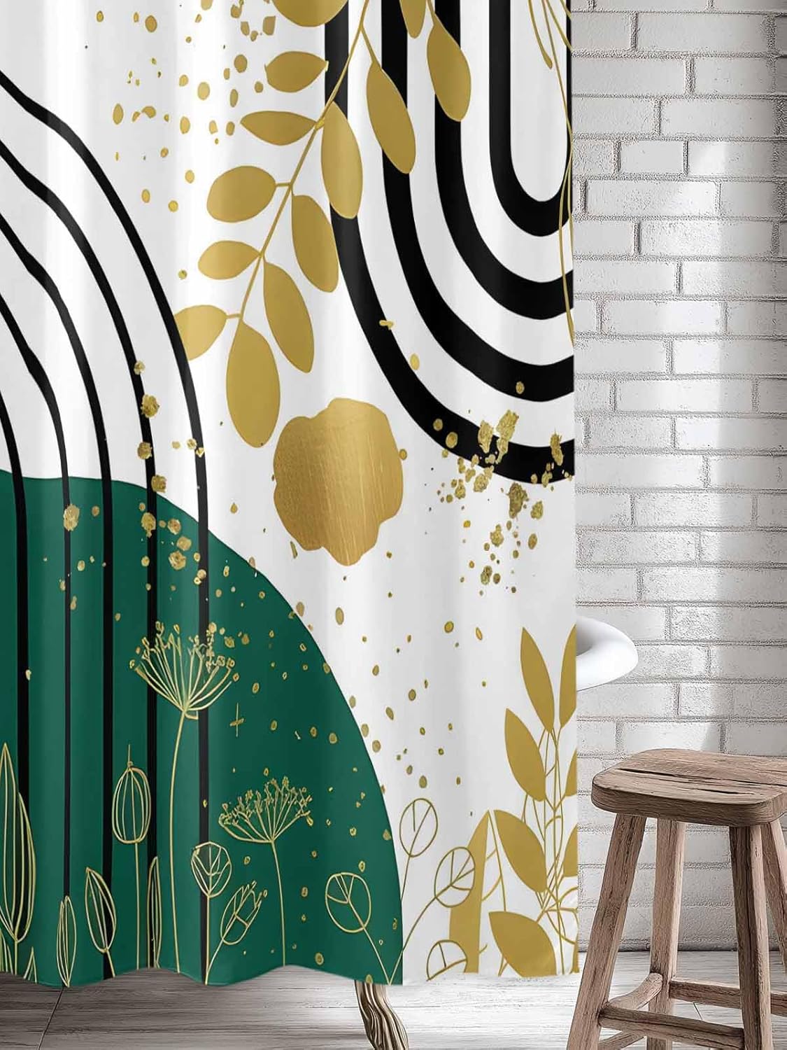 Green Black Gold Boho Shower Curtain Abstract Green Gold Leaves Plant Modern Waterproof Bath Curtain for Bathroom,Mid Century Gold Green Geometric Shower Curtain Set with Hooks 72x84 Inch