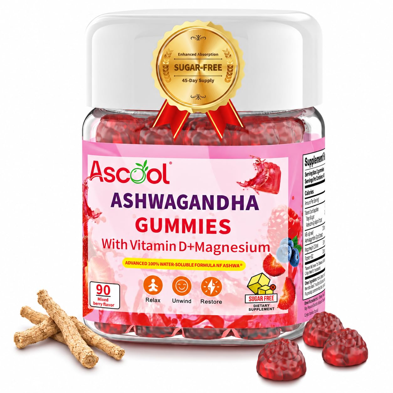 Ashwagandha Gummies for Stress Relief & Calm, 300 mg Root Extract with Magnesium and Vitamin D, Sugar-Free Vegan Supplement, 90 Count