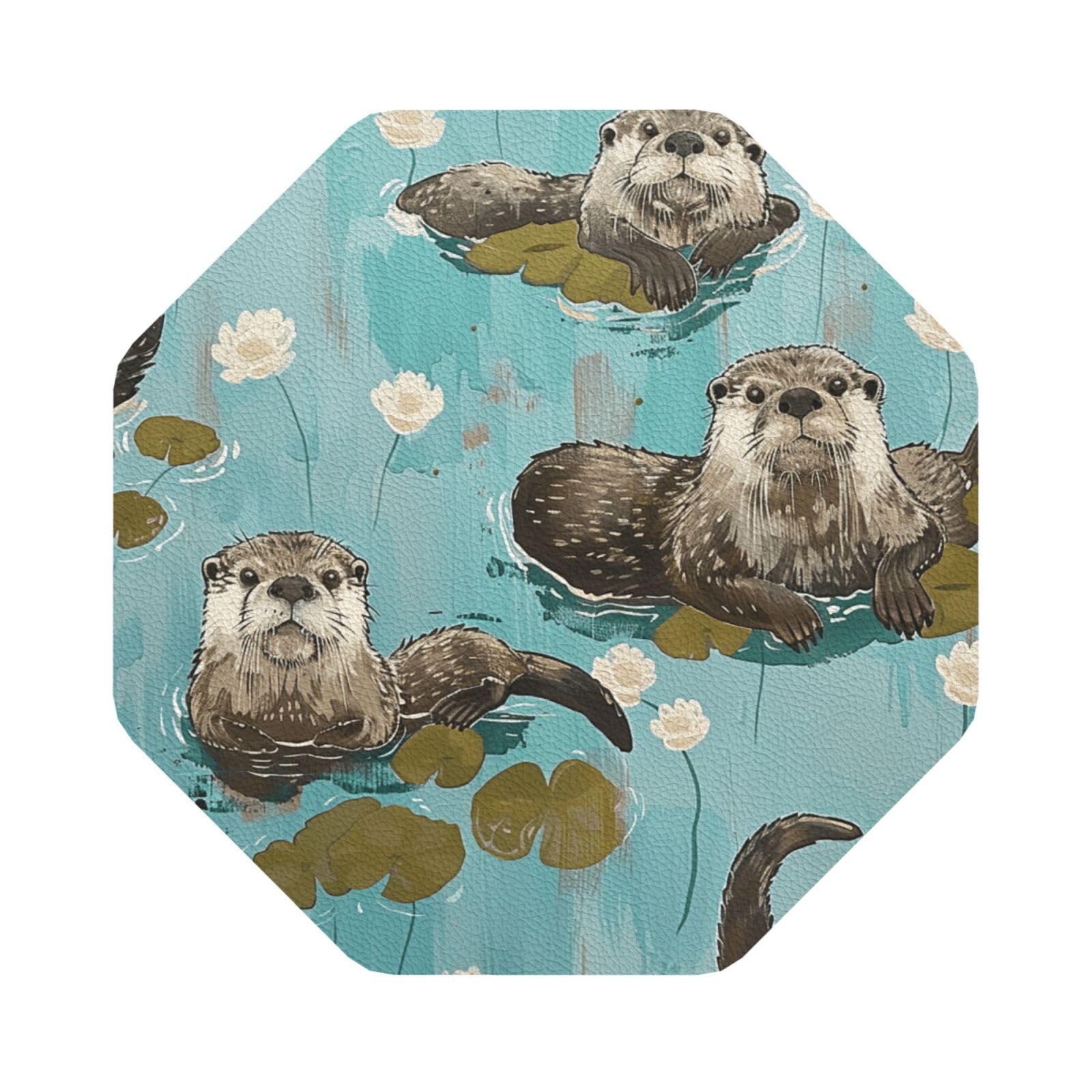 Otters Print Leather Coaster Set of 6, Octagon Coasters Table Decorative Coffee Cup Beverage Coasters Wine Beer Bar Coasters for Hot Drinks Table Protection