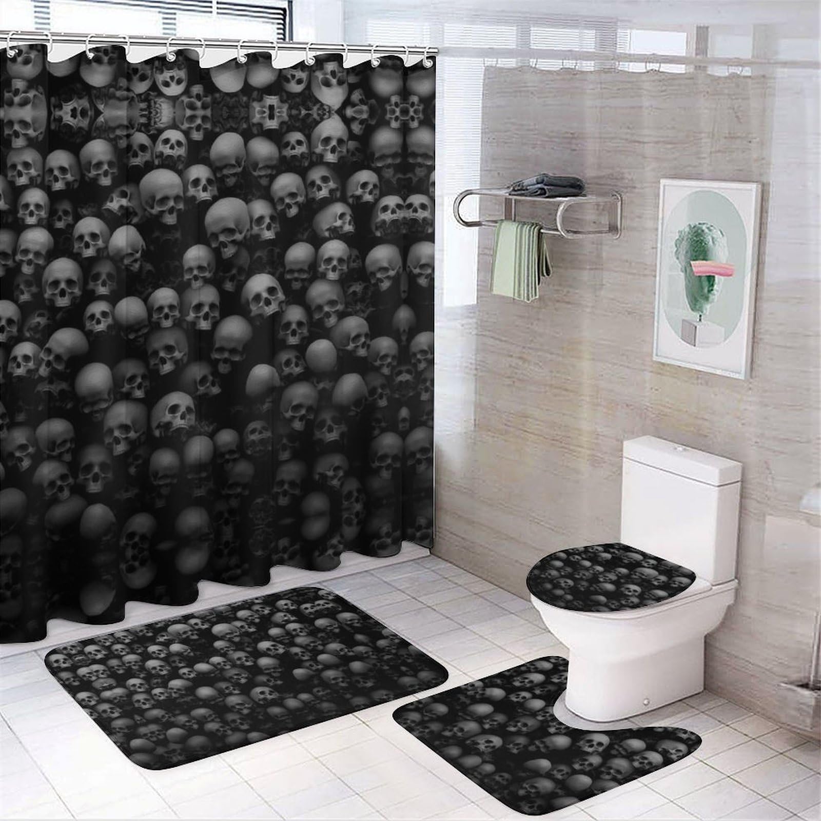 JZemdybill Bathroom Mat Set 4 Piece, Black Skull Head Shower Curtain with Non-Slip Bath Mats for Bathroom