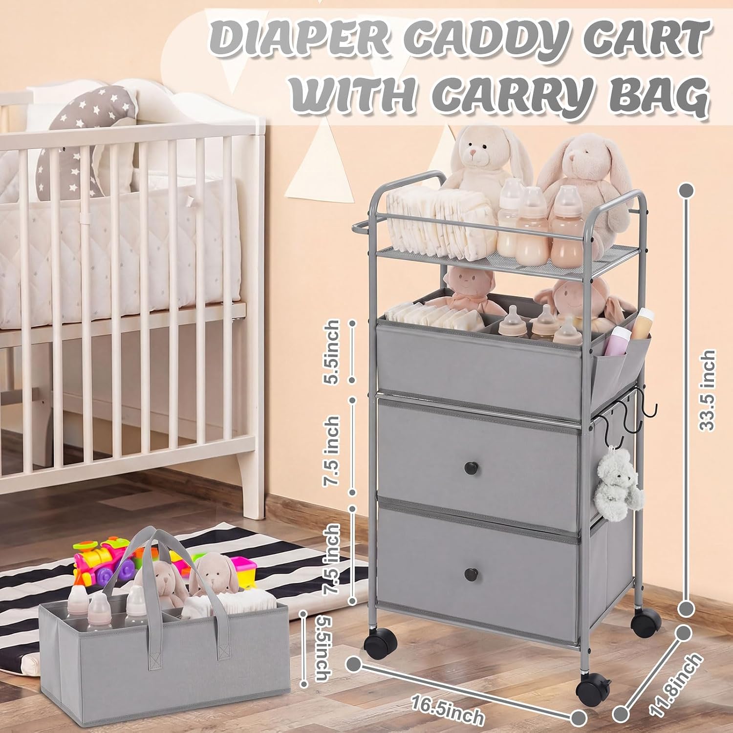 FoldTier 3In1 Baby Diaper Caddy Organizer Cart 4 Tier Large Capacity Metal Utility Bedside Rolling Cart with Divider Newborn Registry Nursery Essential Must Have Bedroom Gift Baby Shower(Gray)