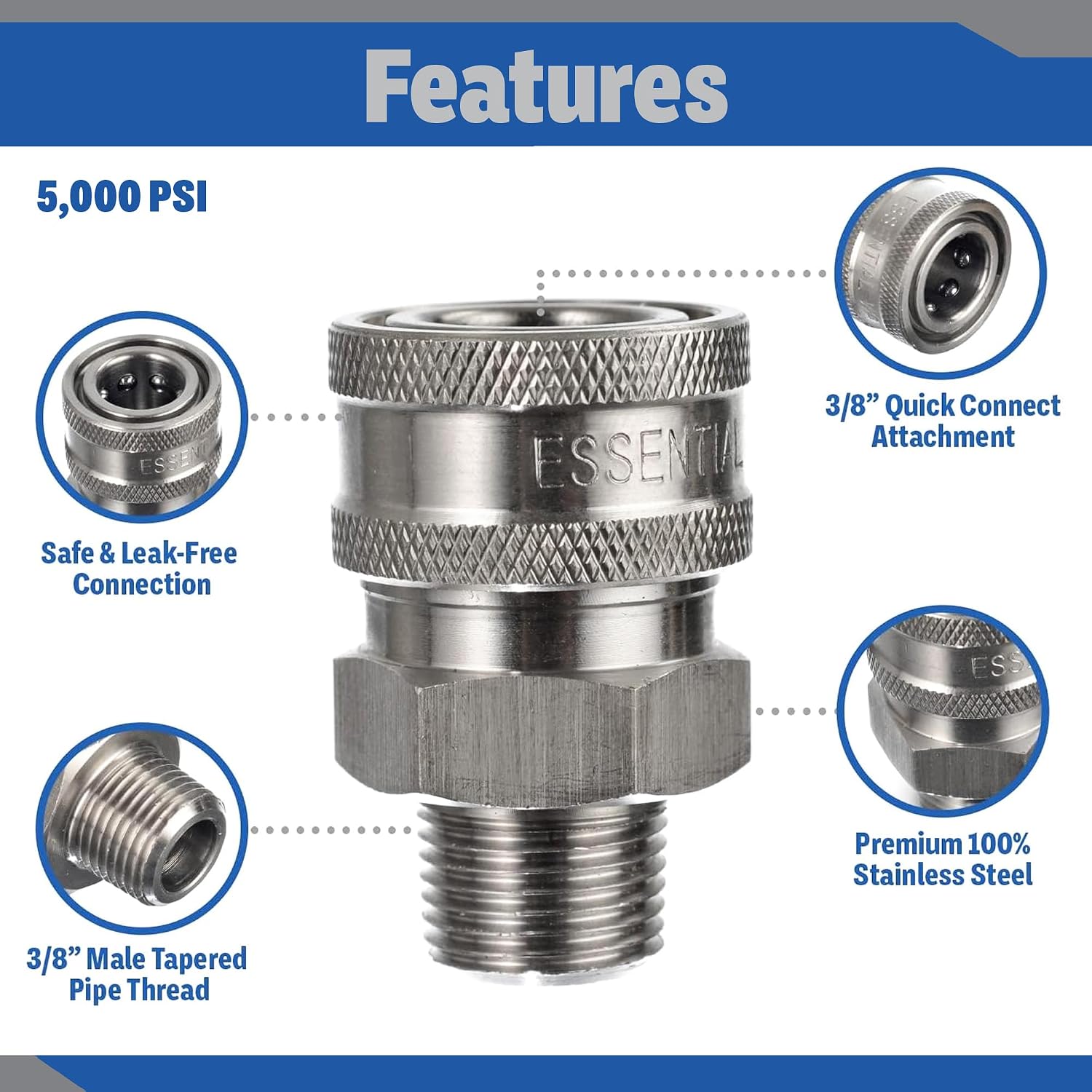 Essential Washer Stainless Steel ⅜” Quick Connect Male NPT | Pressure Washer Quick Connect Fittings | 5000 PSI | Set Of 6