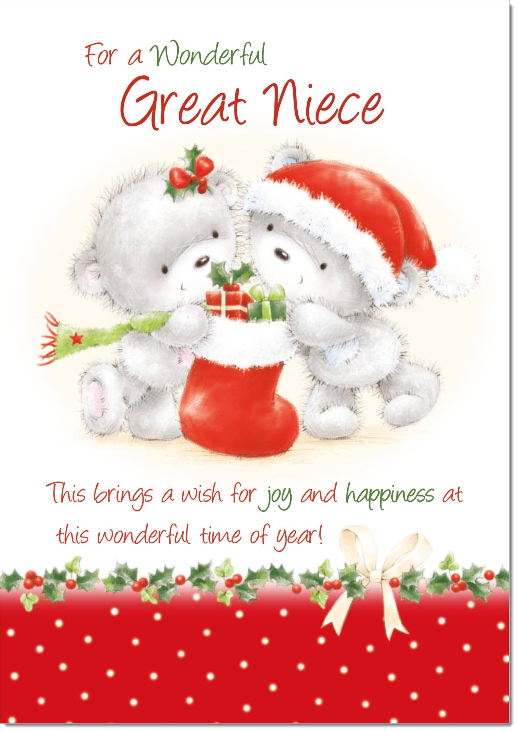 doodlecards Great Niece Christmas Card Cute Bears with Stocking Large A4 Size Christmas Card for Great Niece with Plain Envelope