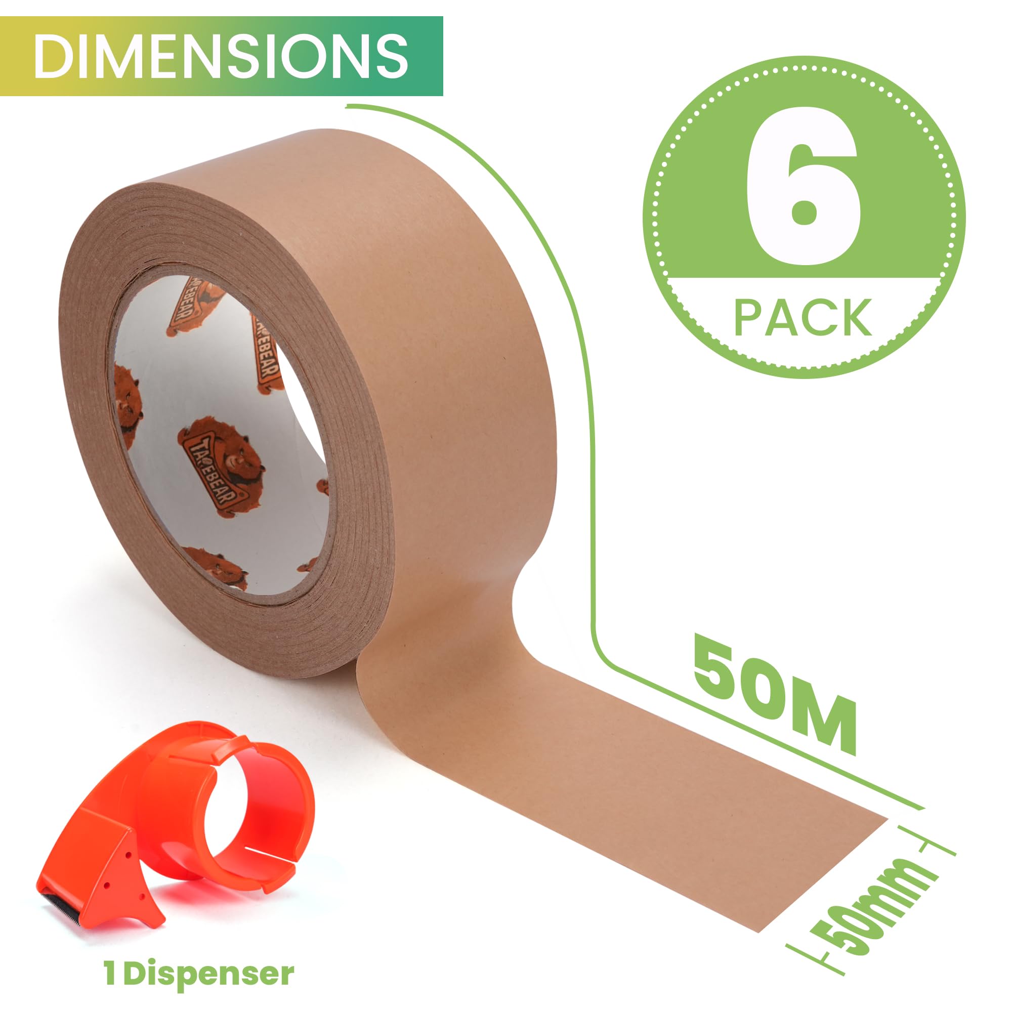 TAPEBEAR Nastro di Carta Ecologico con Dispenser 5cm x 50m – 6 Rotoli, Nastro da Imballaggio in Kraft Impermeabile Autoadesivo per Traslochi, Spedizioni e Chiusura Scatole