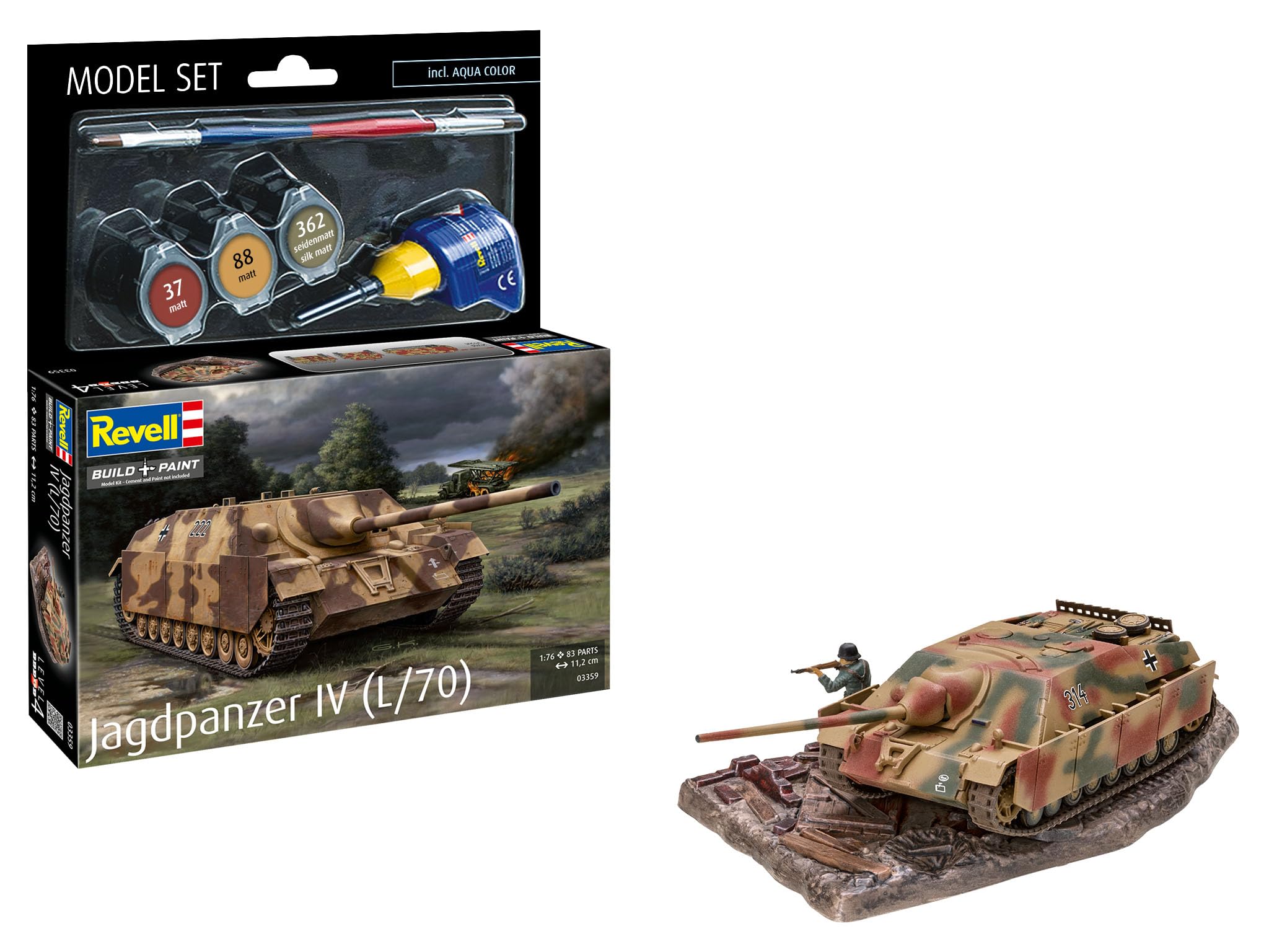 Revell Model Set 63359 Jagdpanzer IV (L/70) 1:76 Scale Unbuilt/Unpainted Plastic Model Kit with Contacta Professional Glue, Paintbrush & Selected Aqua Color Paints