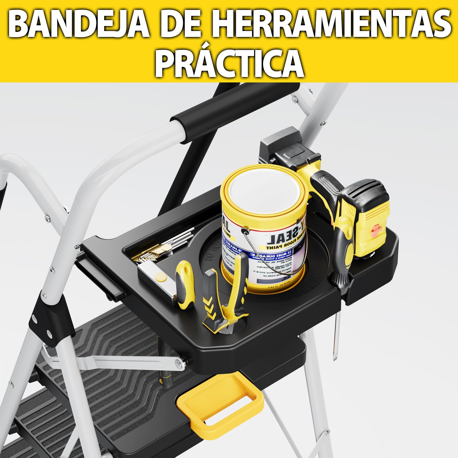 KINGRACK Escalera Plegable 5 Peldaños, Carga hasta 150 kg, con Bloqueo de Seguridad, Pedales Anchos Antideslizantes, Pasamanos, Bandeja de Herramientas Escalera Doméstica Hogar Oficina Armarios Blanco