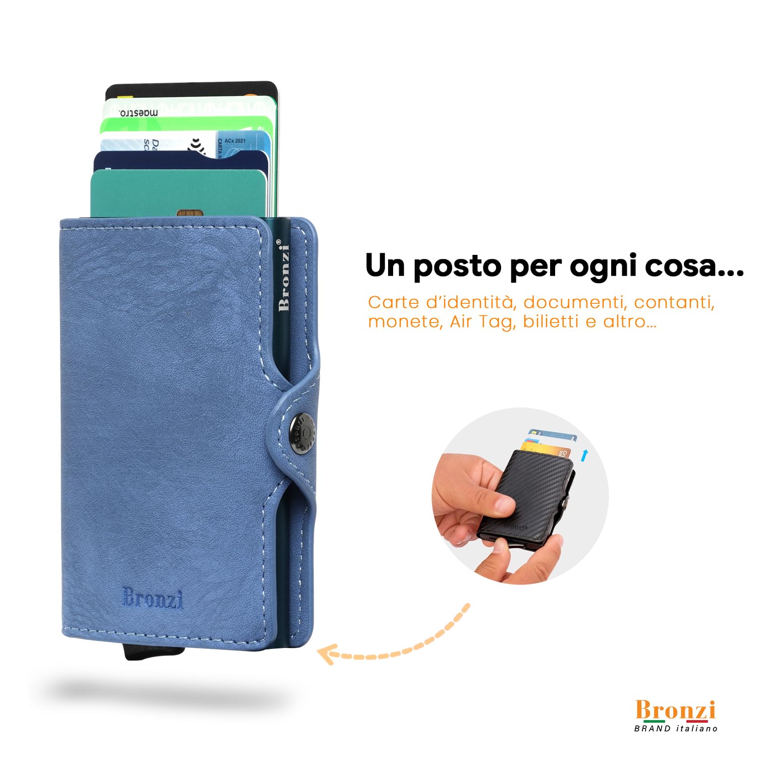 Bronzi Portafoglio Porta Carte Credito - Portafoglio Uomo Slim Portacarte uomo - Mini Porta Tessere - Protezione RFID Portatessere - Design Smart Pelle Blu