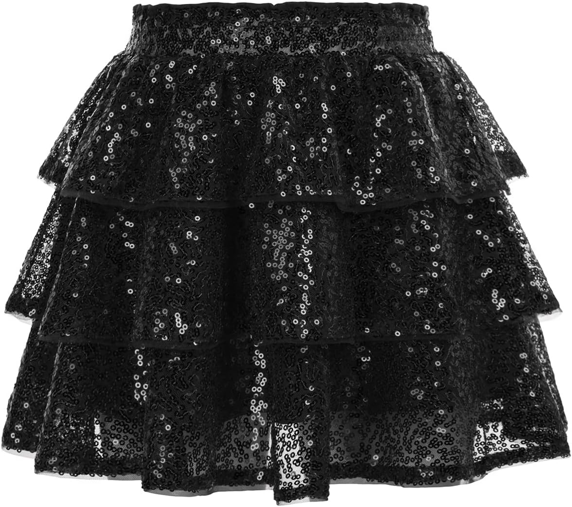 GRACE KARIN Girls Ruffle Skirt Elastic Waist Sequin Skirt for Party