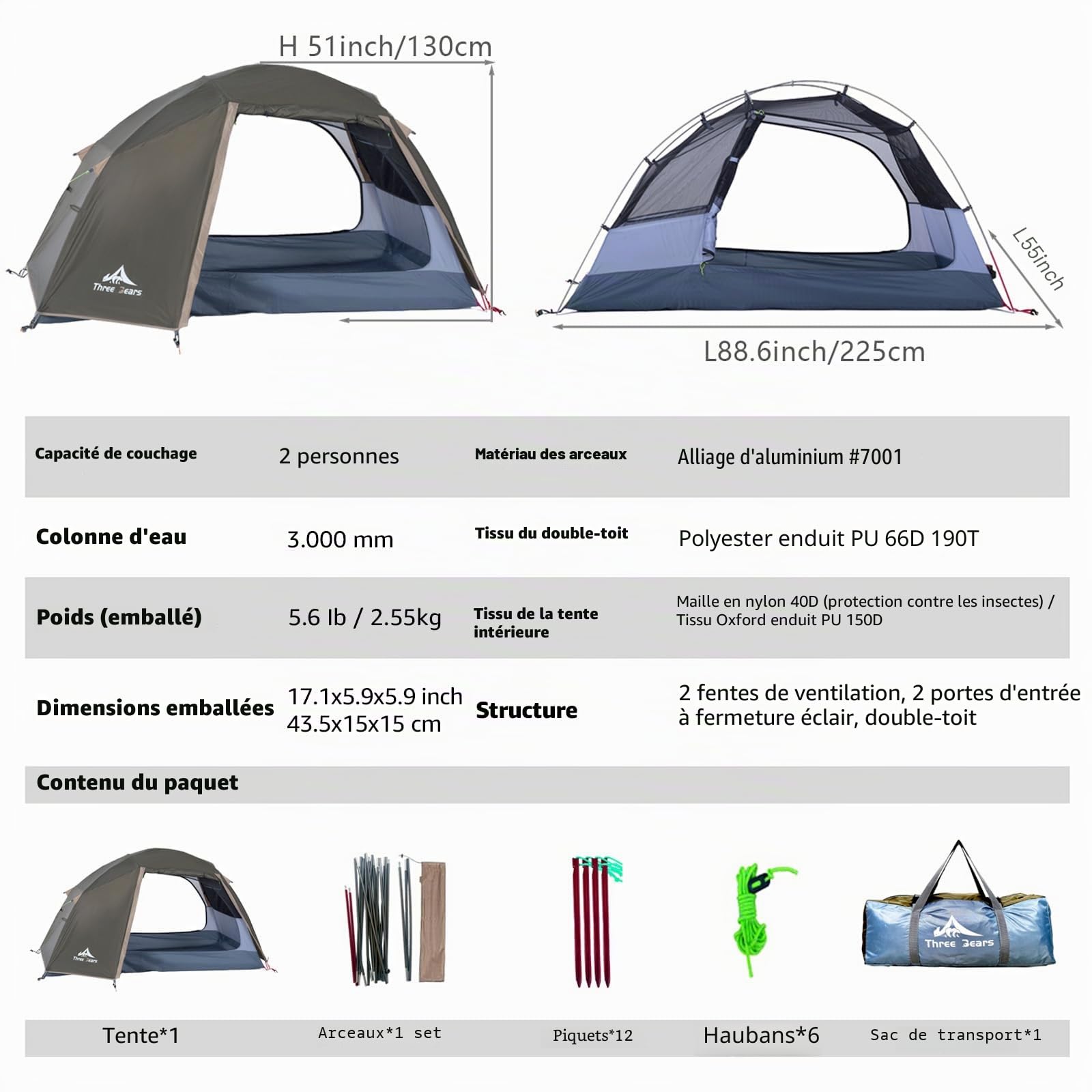 ThreeBears Tente de Camping pour 2 Personnes, imperméable et Coupe-Vent, légère, idéale pour la randonnée, Le Camping, l'alpinisme et Les Voyages - Durable et Facile à Installer