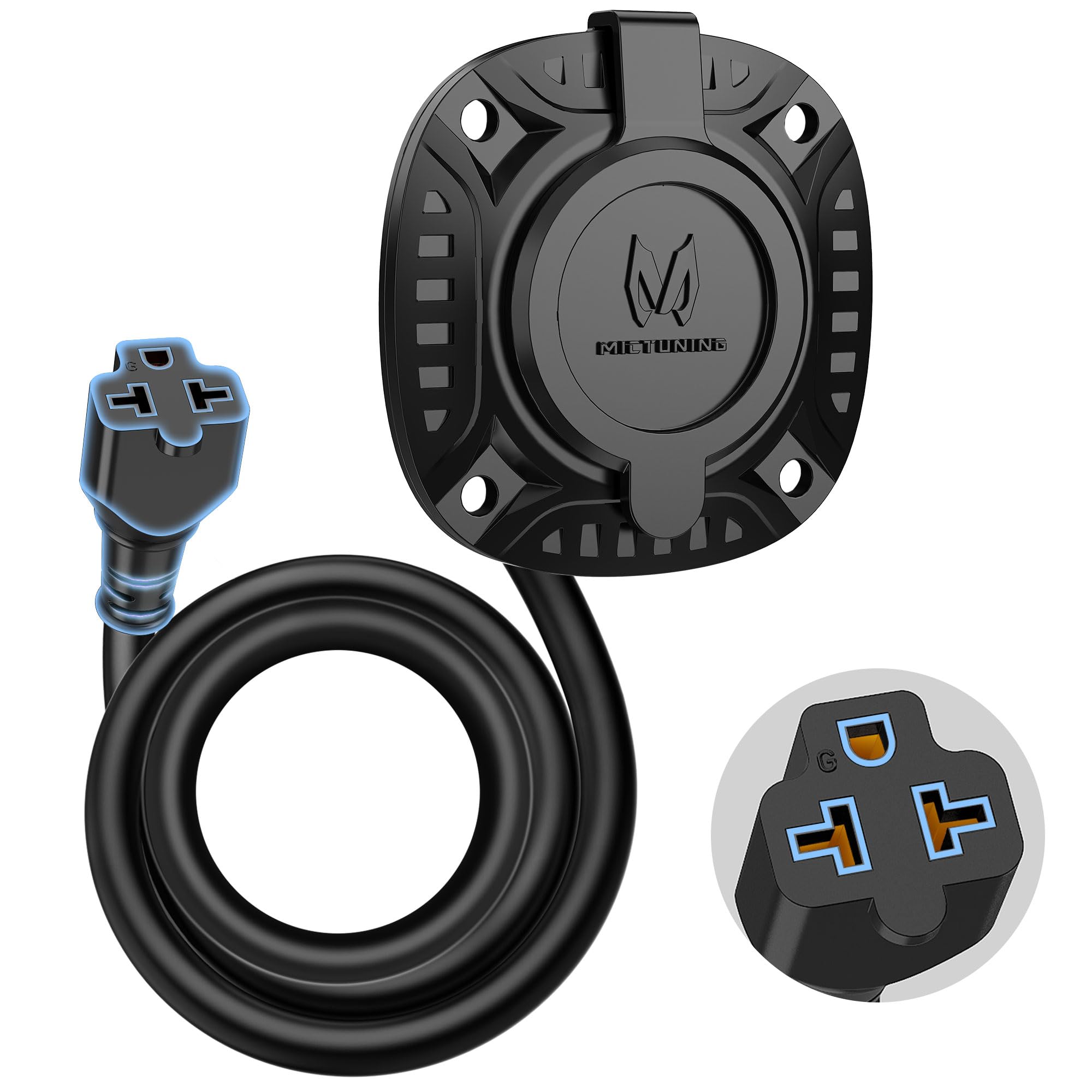 MICTUNING 20A 125V AC Port Plug, 12 AWG Shore Power Inlet Plug with 5-in-1 T-Blade Adapter Integrated 18'' Extension Cord, Waterproof AC Power Inlet