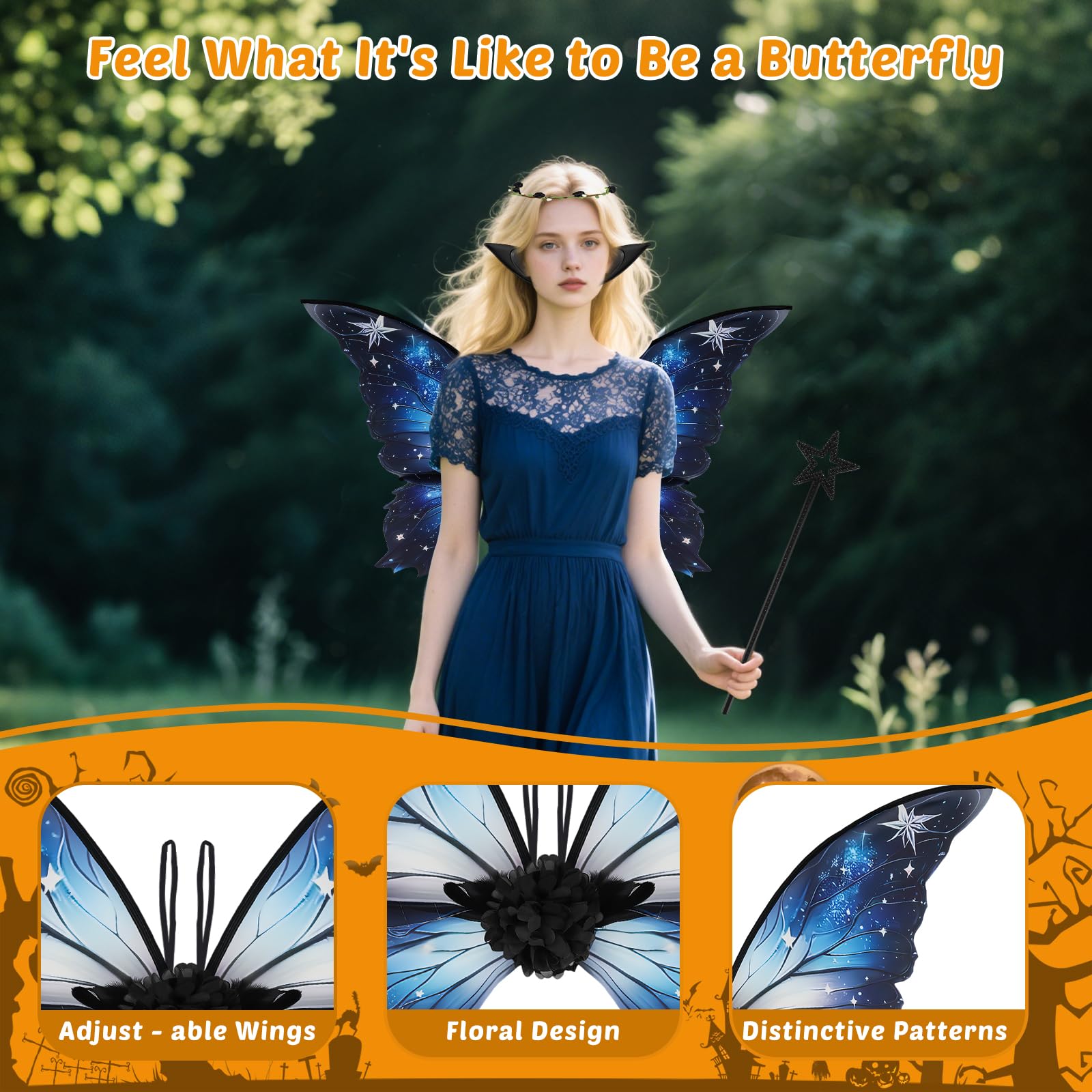 Fairy Wings and Wand, Fairy Wings with Flower Garlands, Elf Ears, Magic Wands, Role-Playing Cosplay and Holiday Events - Image 4