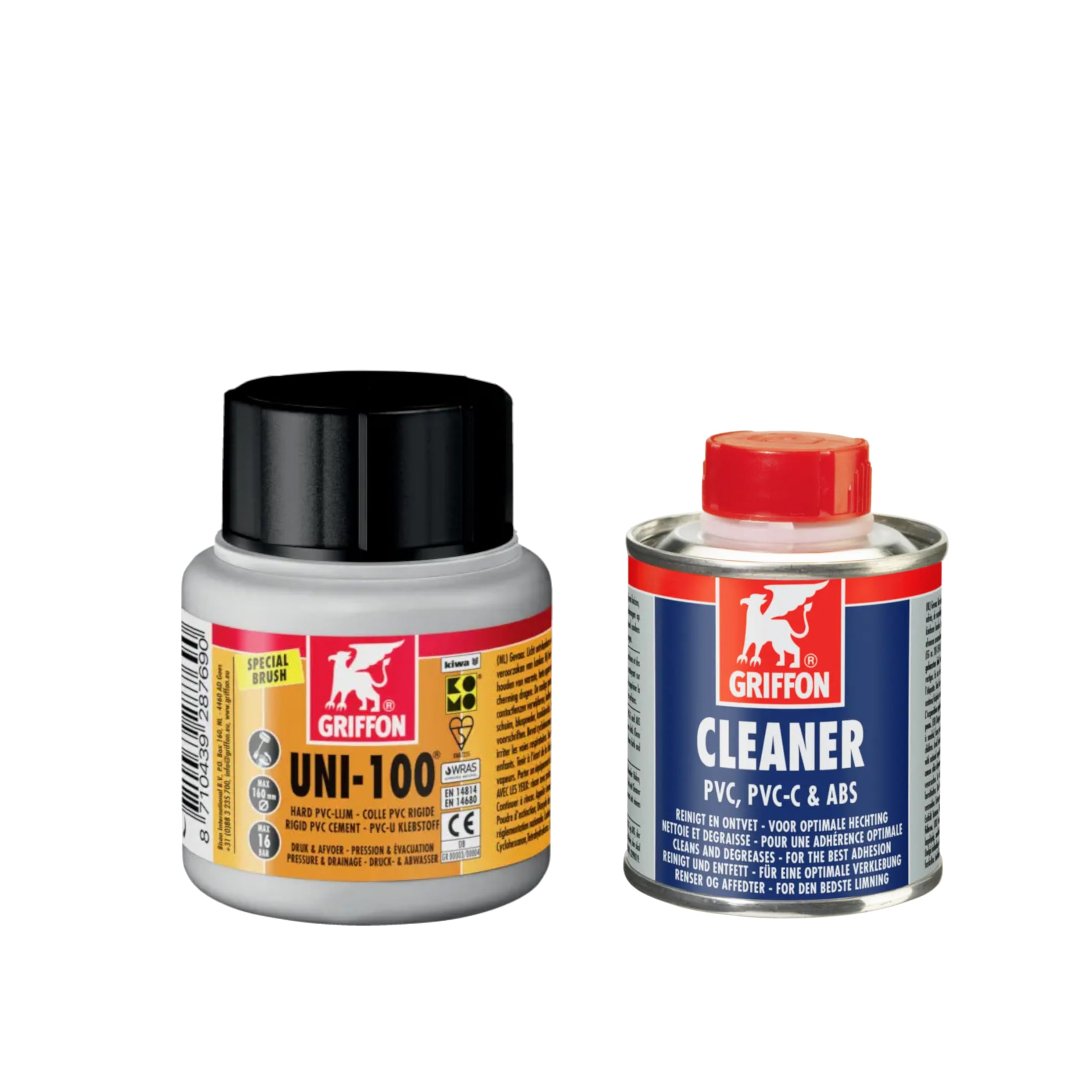 Griffon PVC-U Kleber Uni-100 125ml + Reiniger 125ml Spezialkleber für Rohre Fittings Kugelhahn
