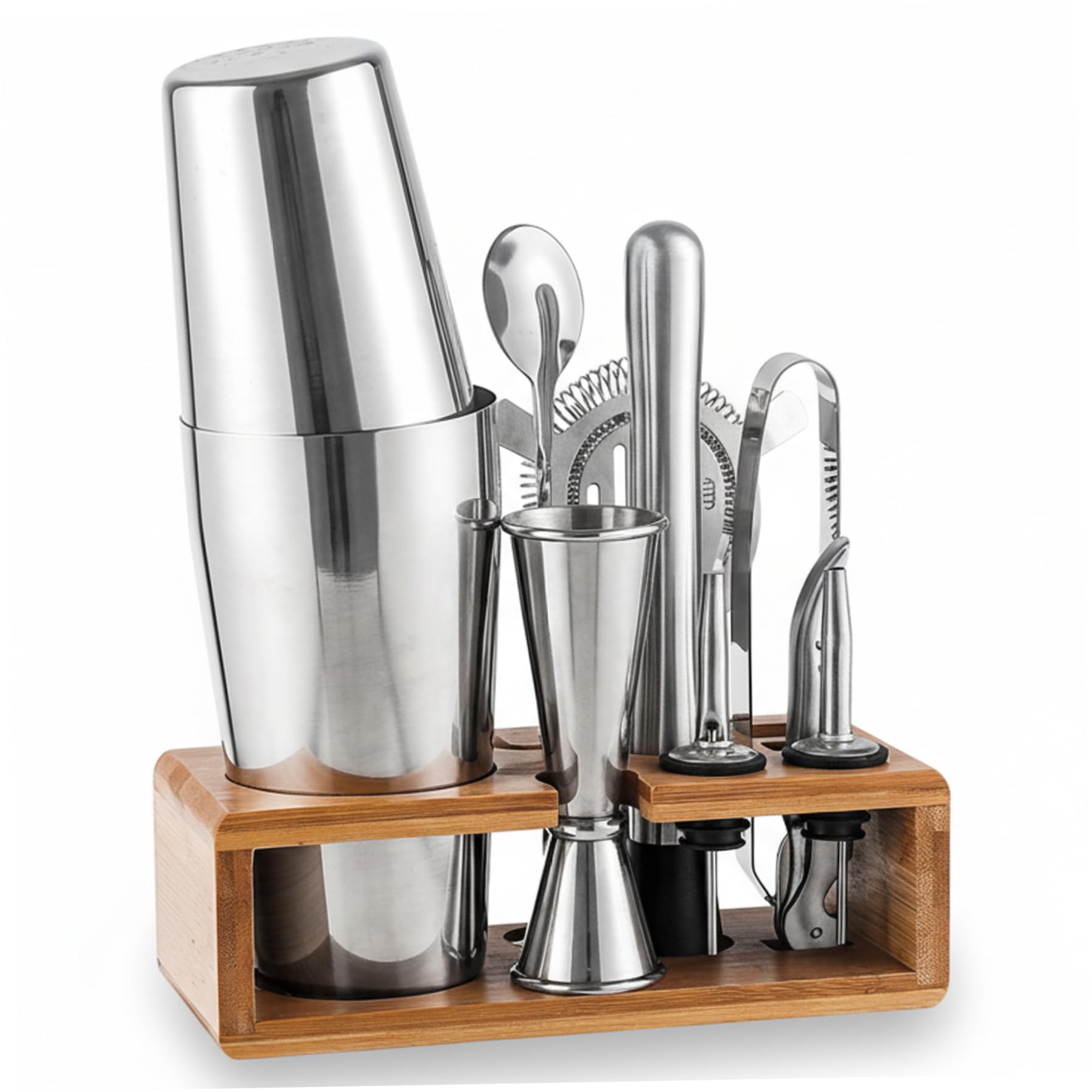 Ensemble de shaker de bar 10 pièces, ensemble shaker à cocktail en acier inoxydable 750 ml avec support en bois professionnel pour les bars à domicile barman Martini