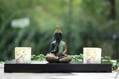 Miniatura 5 de Buddha Statue Candle Holder, Buddha Statue Tea Light Candlestick, Meditating Buddha Statue with Wooden Display Tray