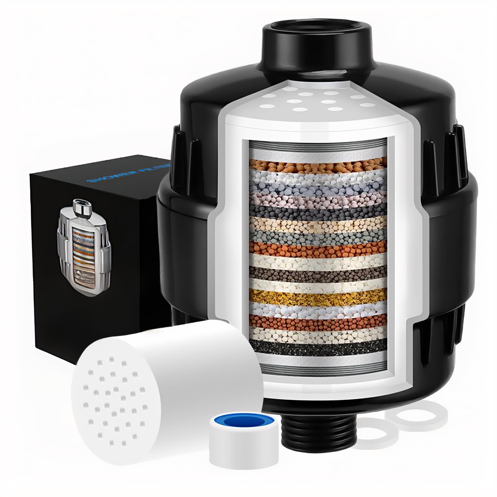 20 Stage Shower Filter - 99% REMOVAL Heavy Duty High Output Shower Head Filter for Hard Water, Chlorine, Heavy Metals Substance,Improve Skin,Hair and Nails,Chrome（Black)