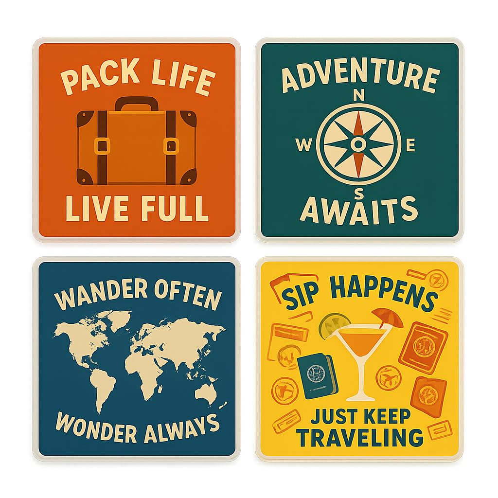 The Plum Penguin Travel Toasts Acrylic Coaster Gift Set Of 4 With Travel Adventure Designs - Vibrant Wanderlust Home Decor For Travel Lovers