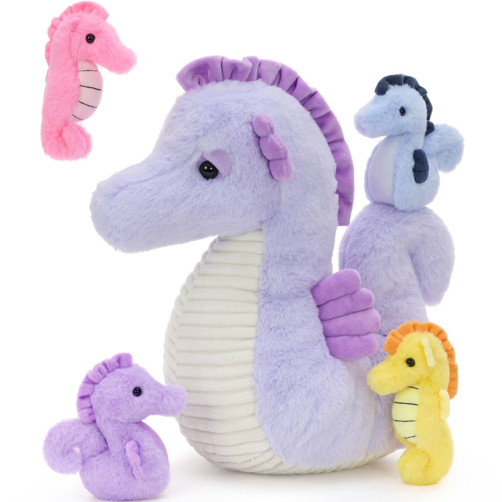 MorisMos Big Seahorse Teddy Soft Toy, 35cm Cuddly Fluffy Mommy with 4 Babies Inside, Plush Stuffed Animal Teddy Gift for Kids Birthday Deco