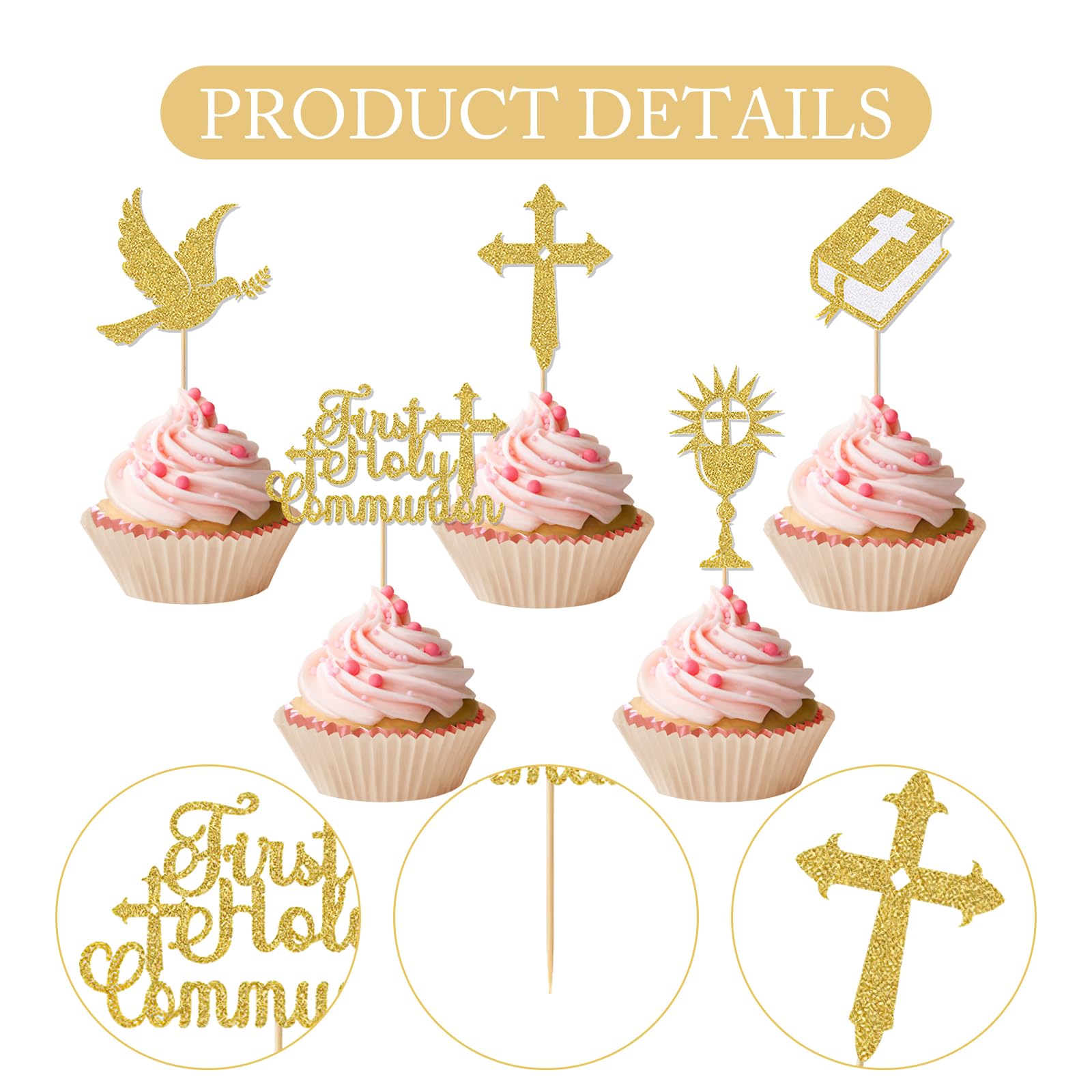 12 Pcs First Holy Communion Cake Glitter Topper, Christian Christening Cake Topper, Holy Communion Decorations, Gold God Bless Dove Cross Cakes Topper for Baby Shower Christian Party Decoration Suppli — view 3