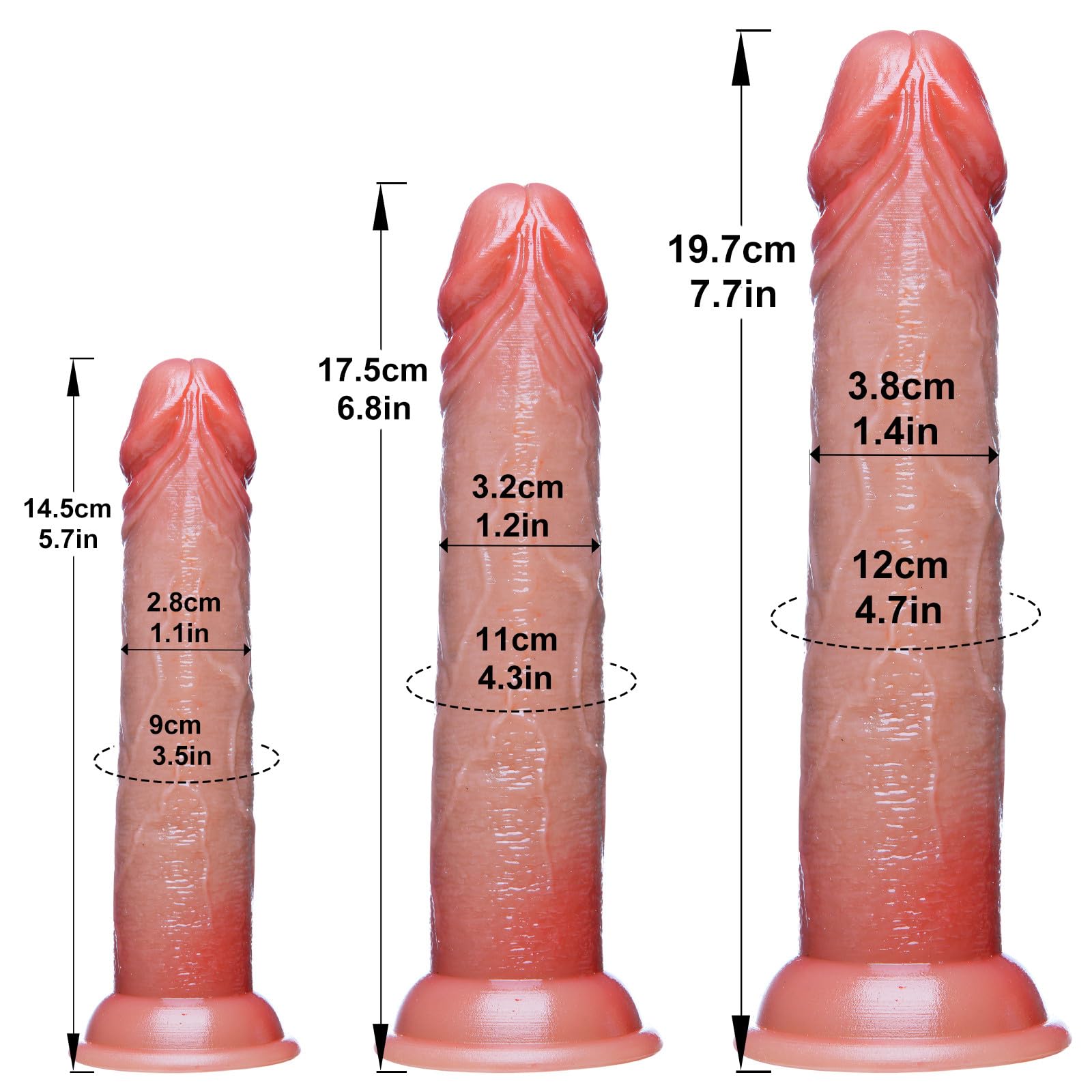 Set de Dildos Realistas de Silicona 3 Piezas para Principiantes (Pequeño, Mediano, Grande) – Dildo con Ventosa para Punto G para Placer Anál y Vaginal, Sextoy para Lesbianas y Gays