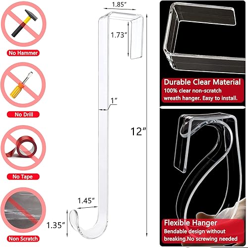 Miniatura 5 de Ganchos transparentes de 12 pulgadas para corona, paquete de 2 ganchos para puerta que no se rayan, letrero de bienvenida para decoración de puerta