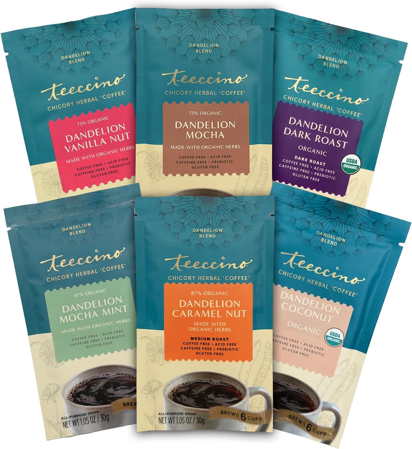 Dandelion Root Herbal Coffee Sampler - Vanilla Nut, Mocha, Dark Roast, Mocha Mint, Caramel Nut, Coconut - Caffeine-Free Coffee Alternative with Prebiotics - 6 Trial Size Packets