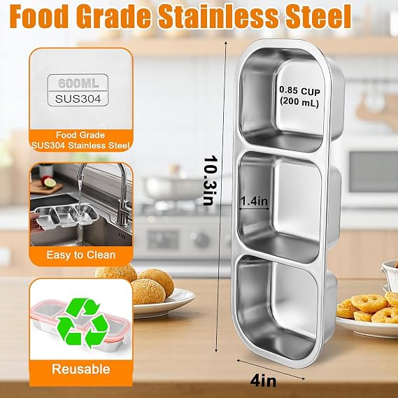 VICDUEKG Snack Box with 3 Compartments Stainless Steel Snack Plate Lunch Box Children Bento Boxes Snack Bowl with Lid Divided Snack Box for Sweets Spices Nuts Biscuits Vegetables