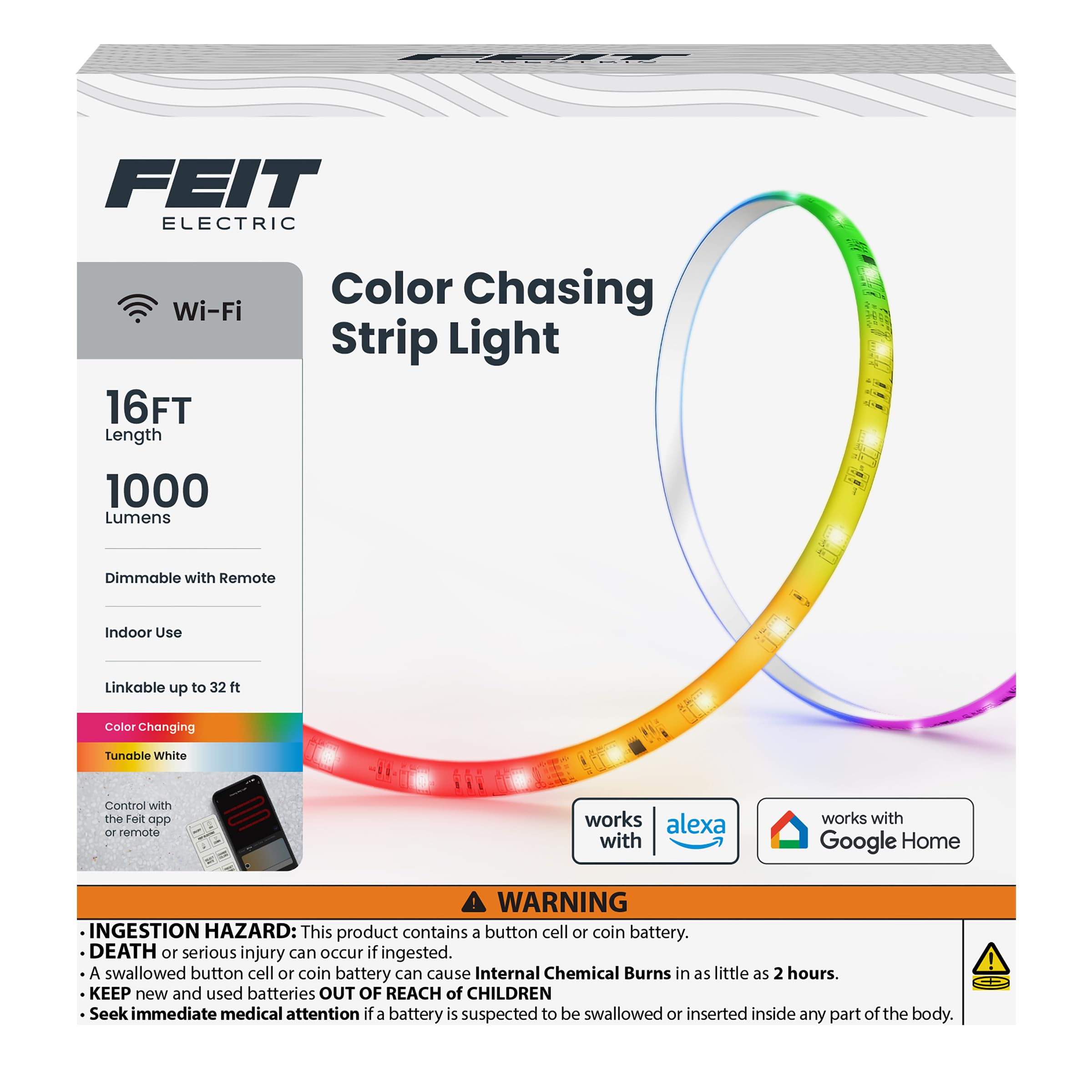 Feit Electric Smart Light Strip 16FT, Ultrathin RGBW Color Chasing LED Light Strip, 2.4GHz Wi-Fi Enabled, Works with Alexa and Google Home Assistant, Remote Control, (0.4in x 192in) TAPE192/CHASE/AG