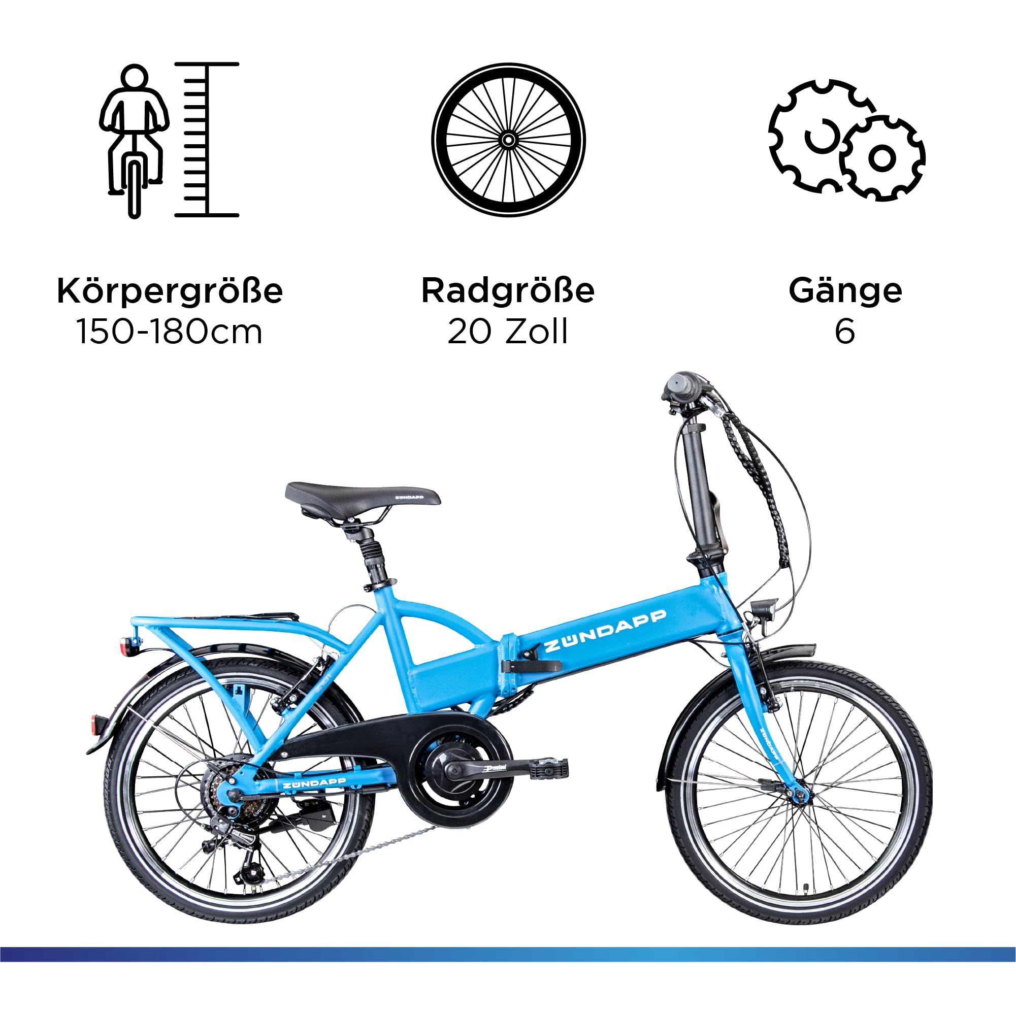 ZÜNDAPP Z101 E Bike 20 Zoll Klapprad für Erwachsene 150-180 cm Elektro Fahrrad 6 Gänge Klappfahrrad Pedelec mit Beleuchtung StVO Faltrad Cityrad faltbar