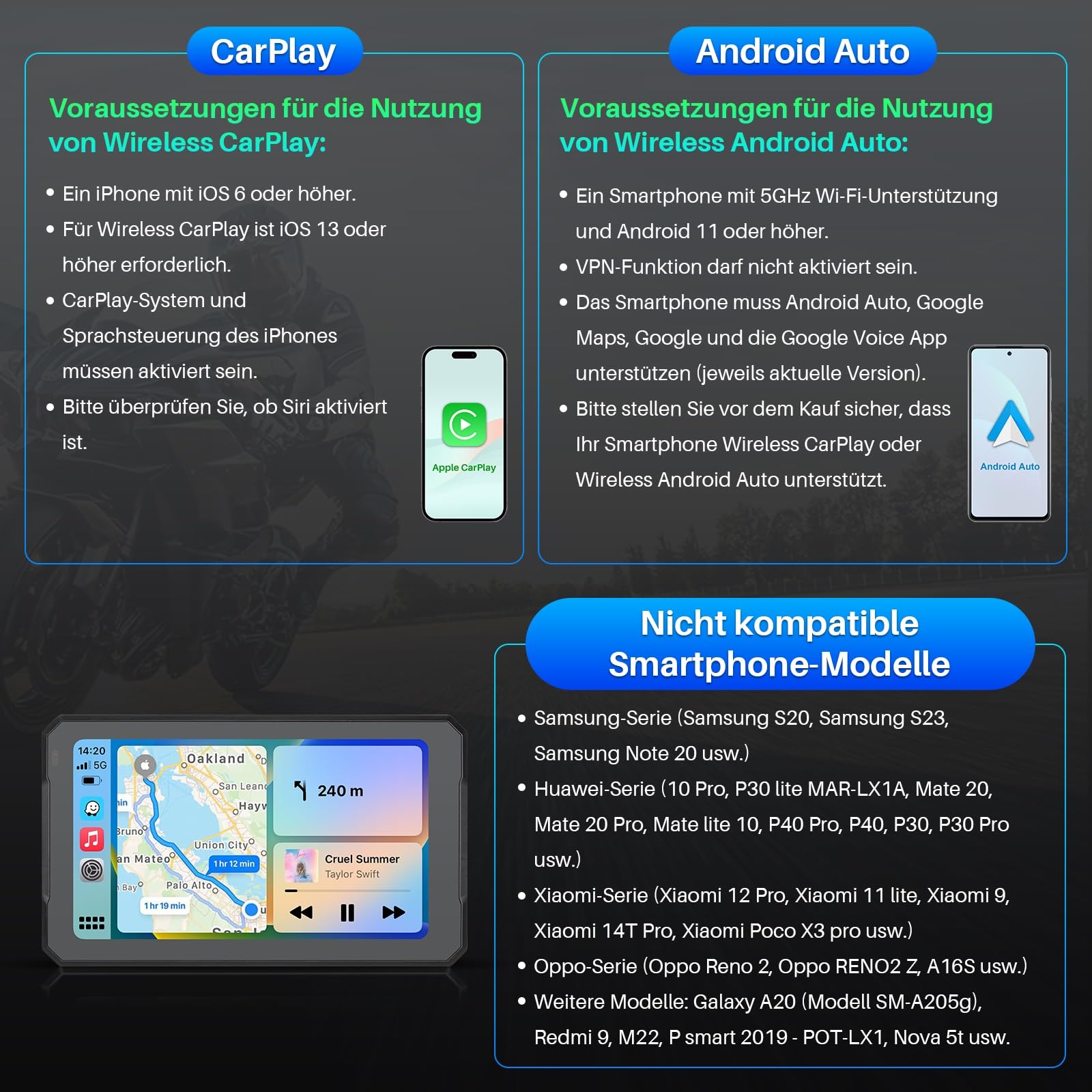 Motorrad Carplay für BMW Motorrad 7 Zoll Bildschirm Wireless CarPlay & Android Auto, GPS Navigation, Bluetooth, Wasserdichter Touchscreen Motorradnavigationsgerät, Kompass, Siri/Google_Assistant