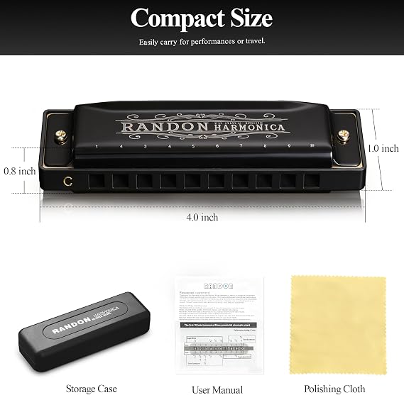 Randon C Key Harmonica Shiny Black with Case for Adults Beginner