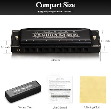 Randon C Key Harmonica Shiny Black with Case for Adults Beginner