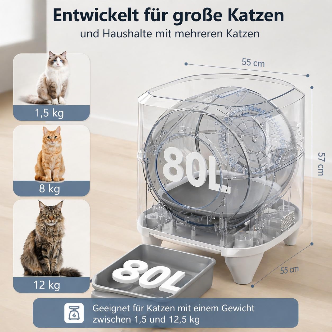 90L Selbstreinigendes Katzenklo, App-Steuerung, 10 Sensoren, Geruchskontrolle, Mehrkatzen, Müllbeutel, Weiß