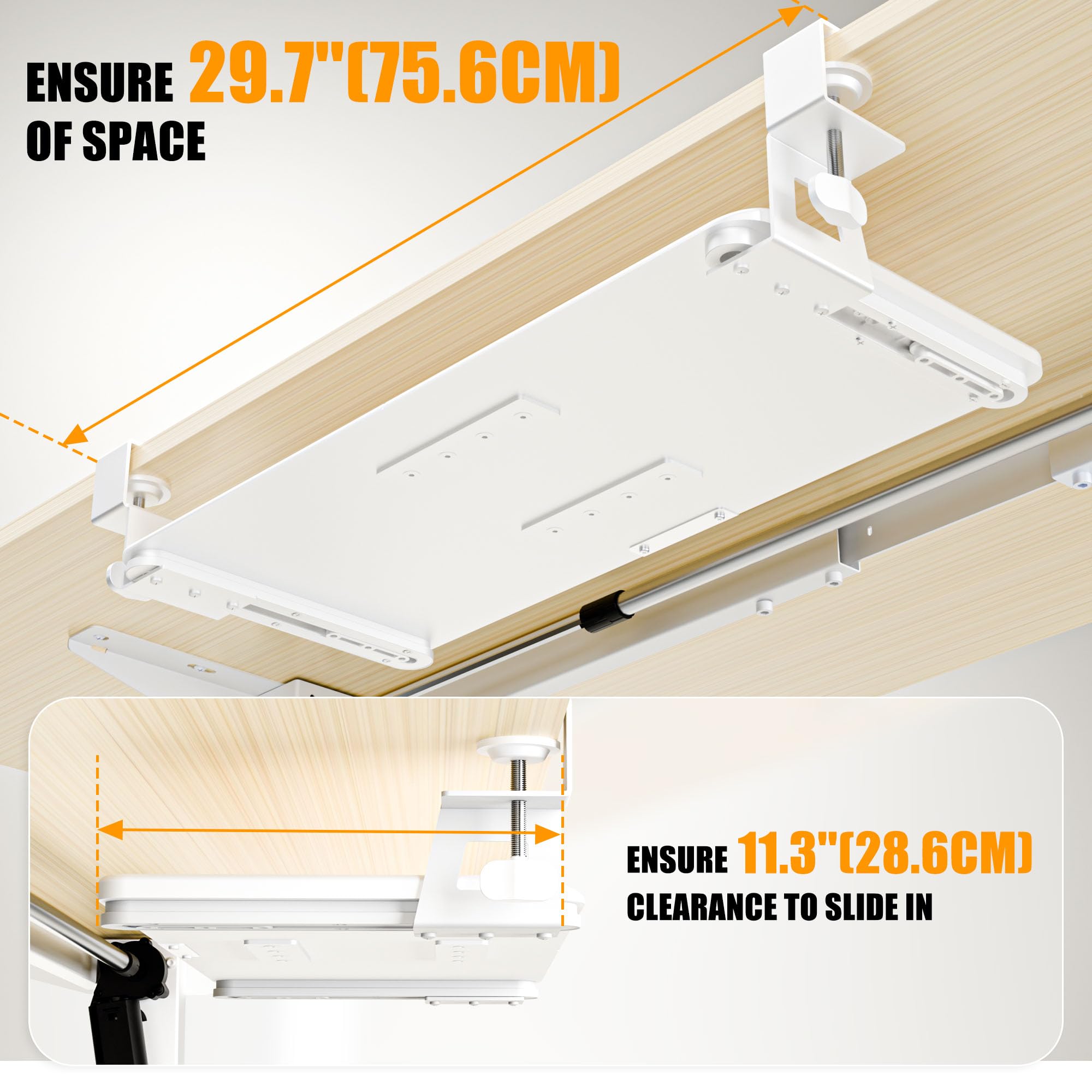 ERGOMAKER Tastaturablage, tastaturauszug untertischmontage mit C-Klemmhalterung, ergonomische Tastaturablage zum Tippen 650x300 mm, Büro und Zuhause (Weiß)