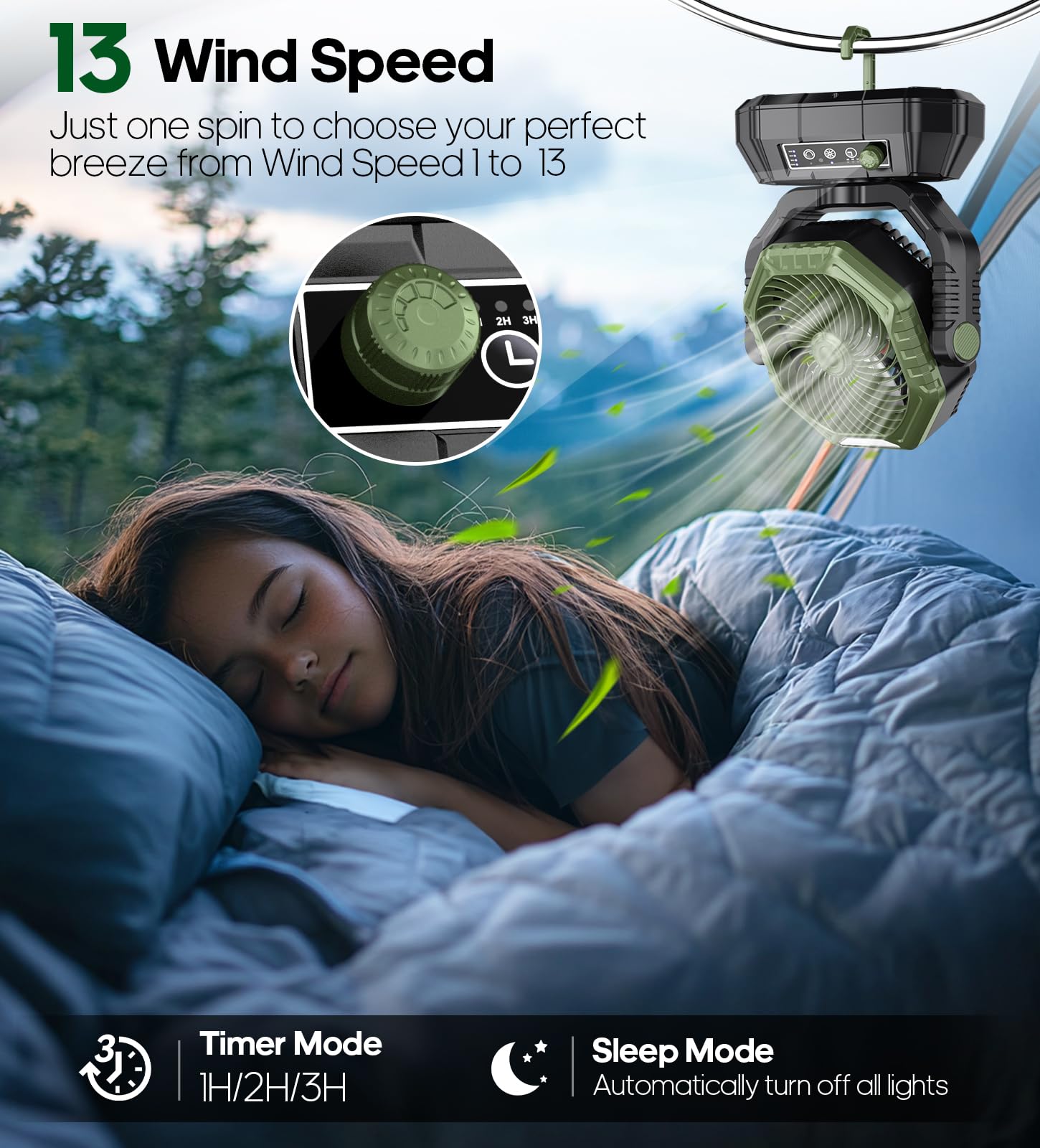 Ventilatore da Campeggio con Lanterna a LED, 20000 mAh Ventilatore da Tavolo con Telecomando e Gancio, Rotazione di 270°, Velocità Continua, Modalità Timer, per Tenda da Interno ed Esterno（Verde）
