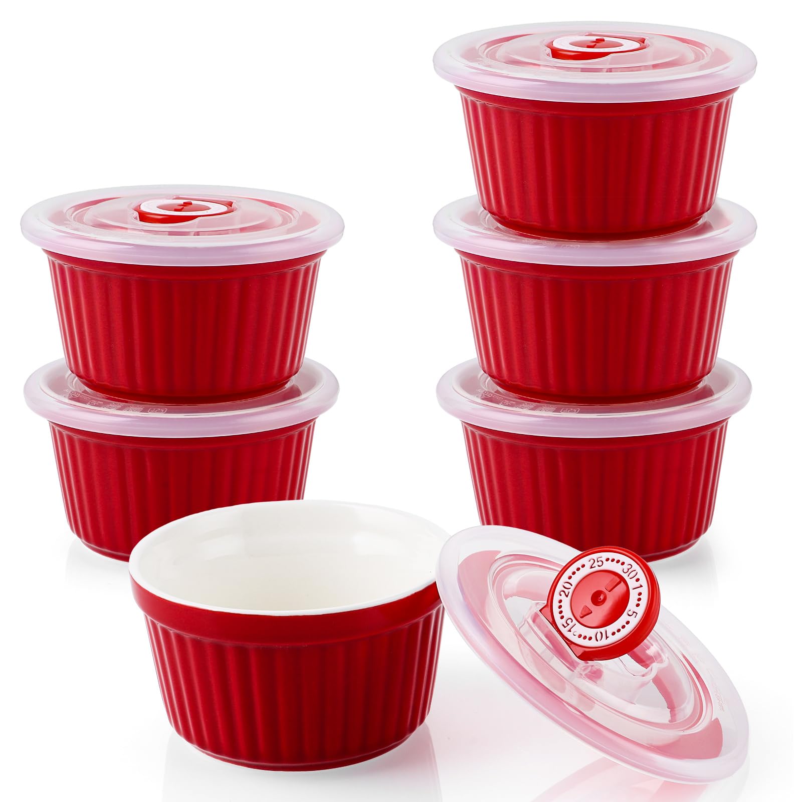 6 Pezzi Ciotole Ceramica Rosse con 6 Coperchi 200 ml 9 x 5 cm, Stampi Soufflé e Ramequin Ceramica per Forno, Dessert, Budino, Antipasti e Pasticceria