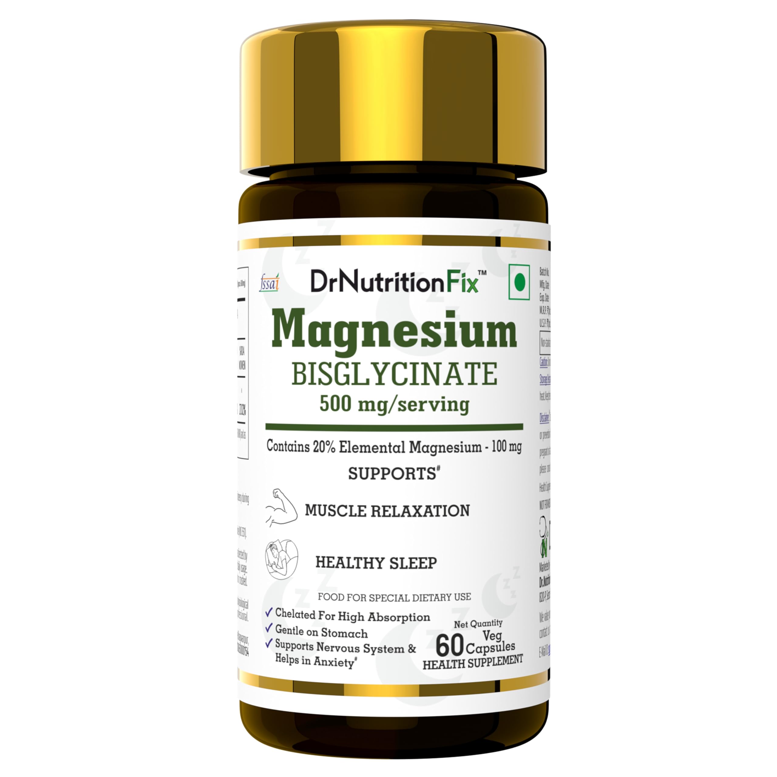 DrNutritionFix® Magnesium Glycinate 500mg | High Absorption Chelated Active Form | Preservative Free | Third Party Lab Tested | Helps in Natural Sleep, Muscle & Nervous System Health and Recovery | 60 Servings