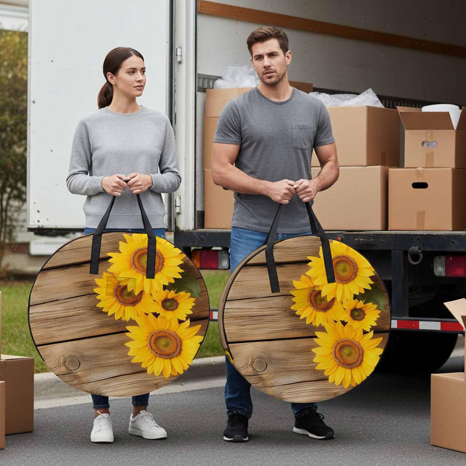 Rustic Round Storage Bag 36 Inch, Sunflowers Wood Grain Texture Vintage Pastoral Clothes Storage Container with Handles Heavy Duty Organizer for Comforter, Bedding & Holiday Wreaths