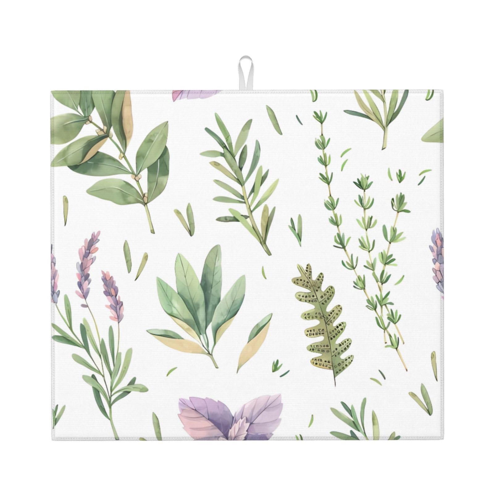 WHJSHOP Green Flower Herb Sage Leaves and Branches Prints Kitchen Drying Mat - Absorbent Dish Drying Throw with Vibrant Prints, Quick-Dry Countertop Layer for Dishes & Glassware - Non-Slip