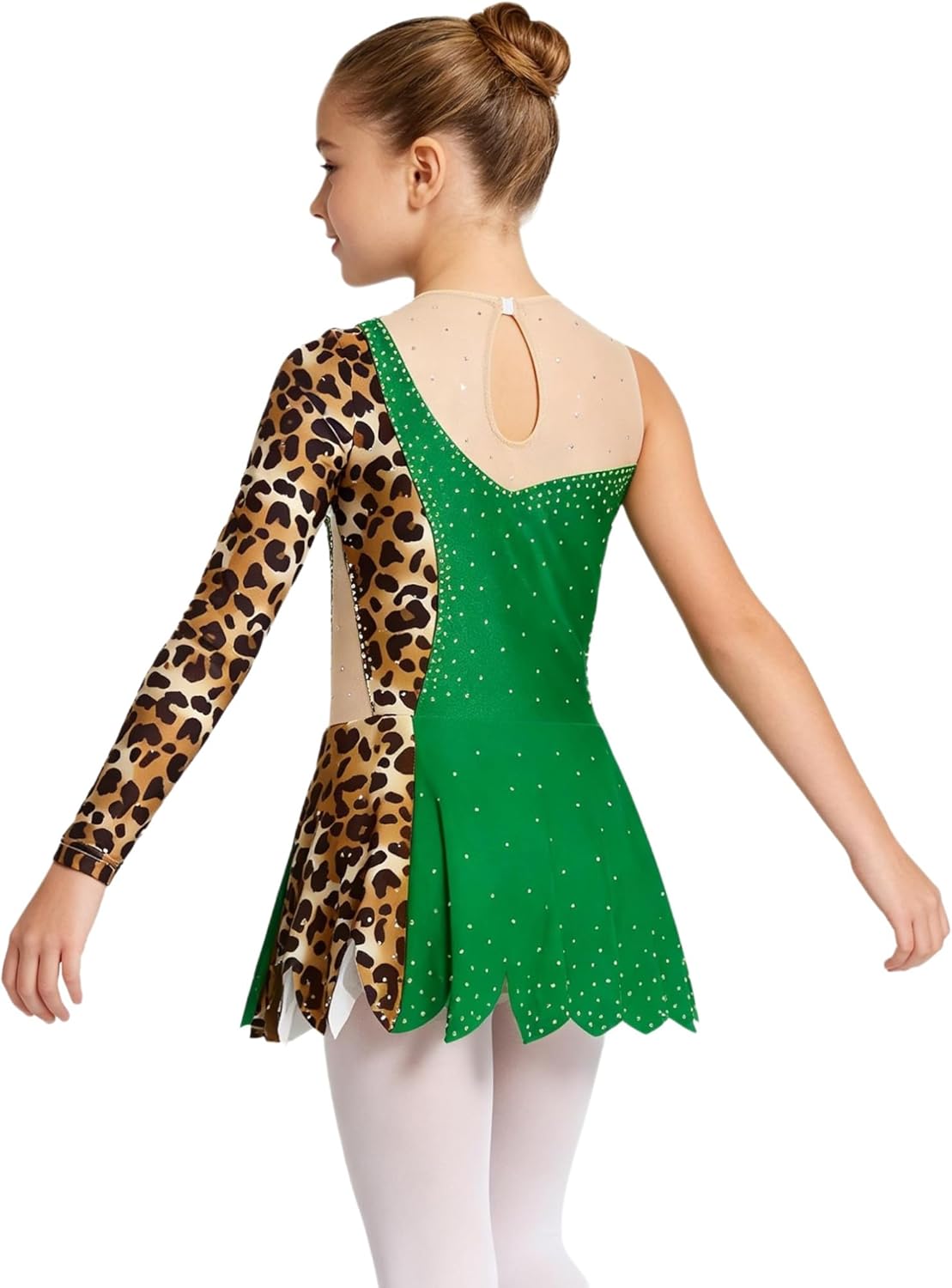 Gymnastics Leotards for Girls Hollow Back Dance Ballet Outfit Leopard Printed Asymmetric Sleeve Dance Unitards