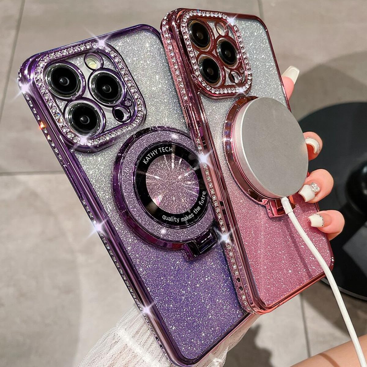 Coque magnétique pour iPhone 15 Pro Max avec béquille, [compatible avec Magsafe] Anneau de support à paillettes antichoc pour objectif d'appareil photo Coque de téléphone mignonne pour iPhone