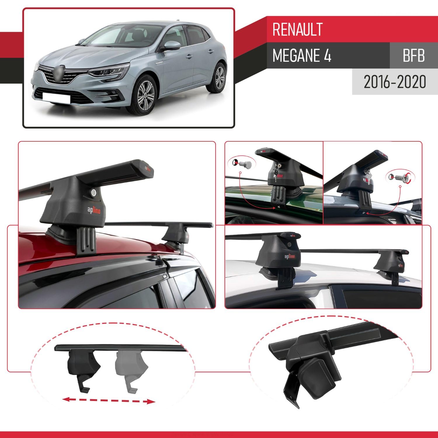 Kompatybilny z Compatible with Renault Megane 4 (BFB) Pre-Facelift 2016-2020 ACE-4 Model Aluminiowy bagażnik dachowy 2 poprzeczki, czarne