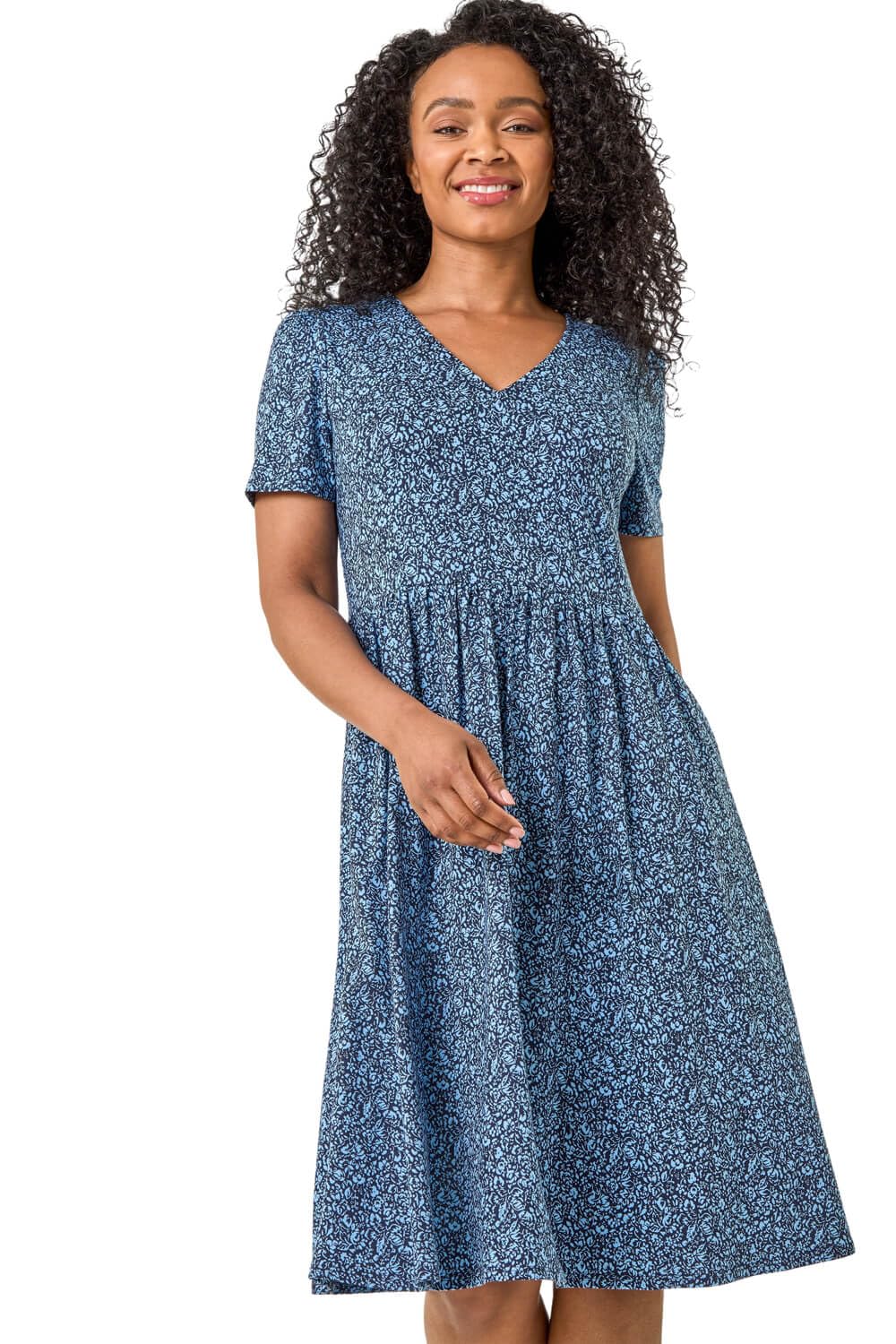 Roman Stretchy Dress for Women UK Ladies Pockets Gathered Waist Ruched Chest Midi Holiday Spring Summer V Neckline Evening Vacation Work Party Going Out Soft - Petite Floral Navy - Size 16