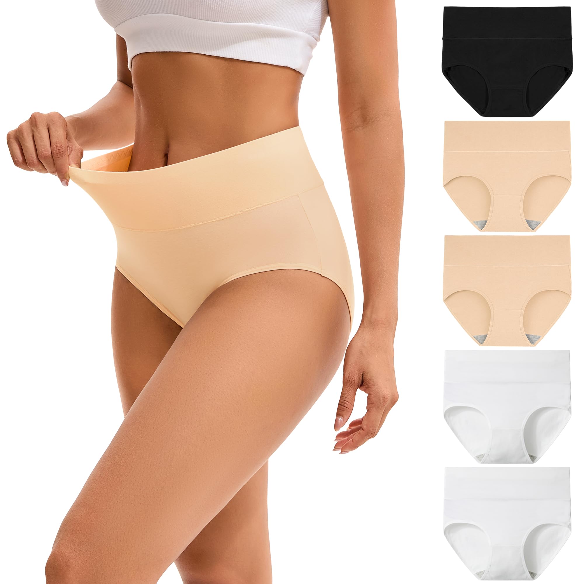 Women's High Cut Solid Color Tummy Control Cotton Underpants Briefs 5 Pack (Black-Beige-White, L)