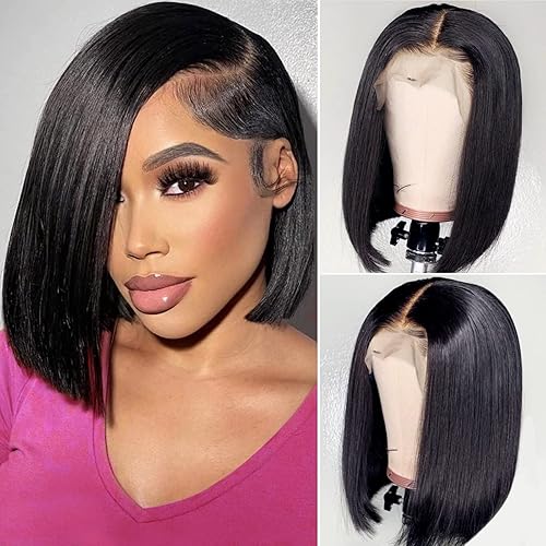 AISI Peluca Bob de cabello humano corto y lacio para mujeres negras pelucas de encaje frontal de 13 x 4 150 de densidad brasileño virgen sin