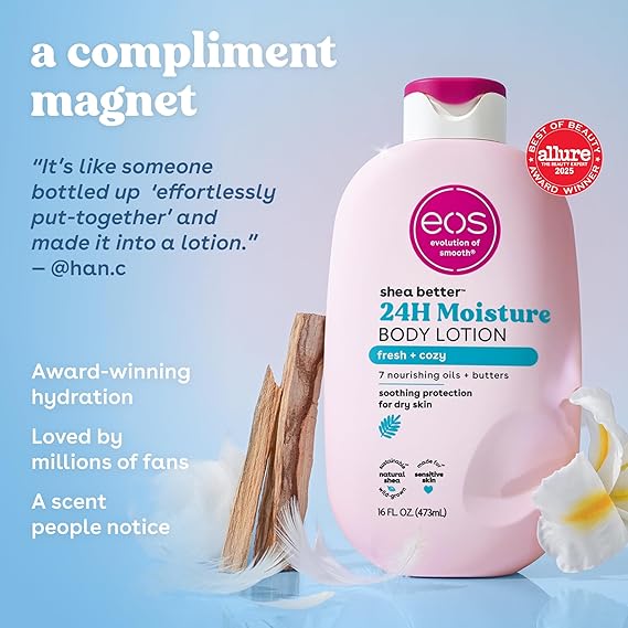 eos Shea Better Body Lotion, Fresh & Cozy, 24-Hour Moisture Skin Care, Lightweight & Non-Greasy, Natural Shea, Vegan, 16 fl oz