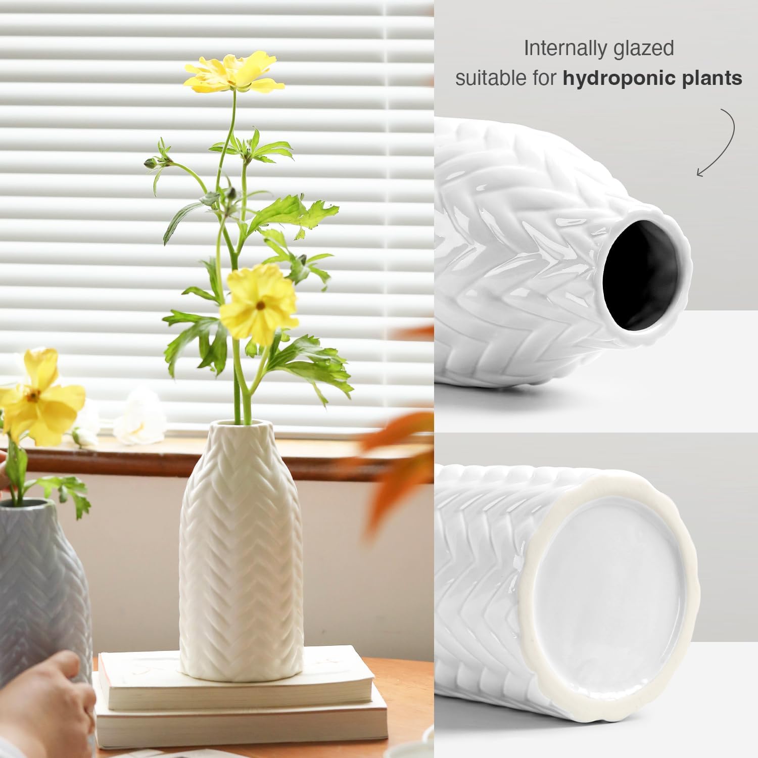 White Embossed Ceramic Vase, 8 Inch Decorative Vase for Home Decor, Watertight Vase for Fresh or Dried Flowers, Boho Farmhouse Table Centerpiece - Image 4
