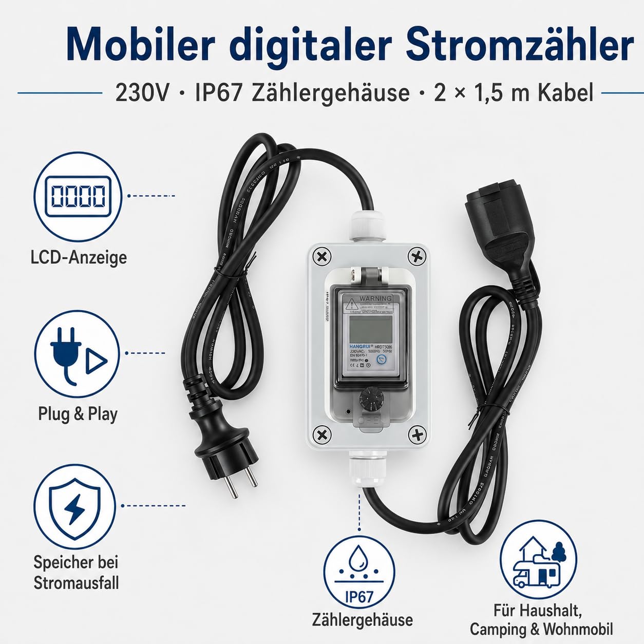 Contador de electricidad móvil de 230 V, IP67, con 2 cables de 1,5 m | Pantalla LCD con función de memoria y botón de reinicio para medición móvil