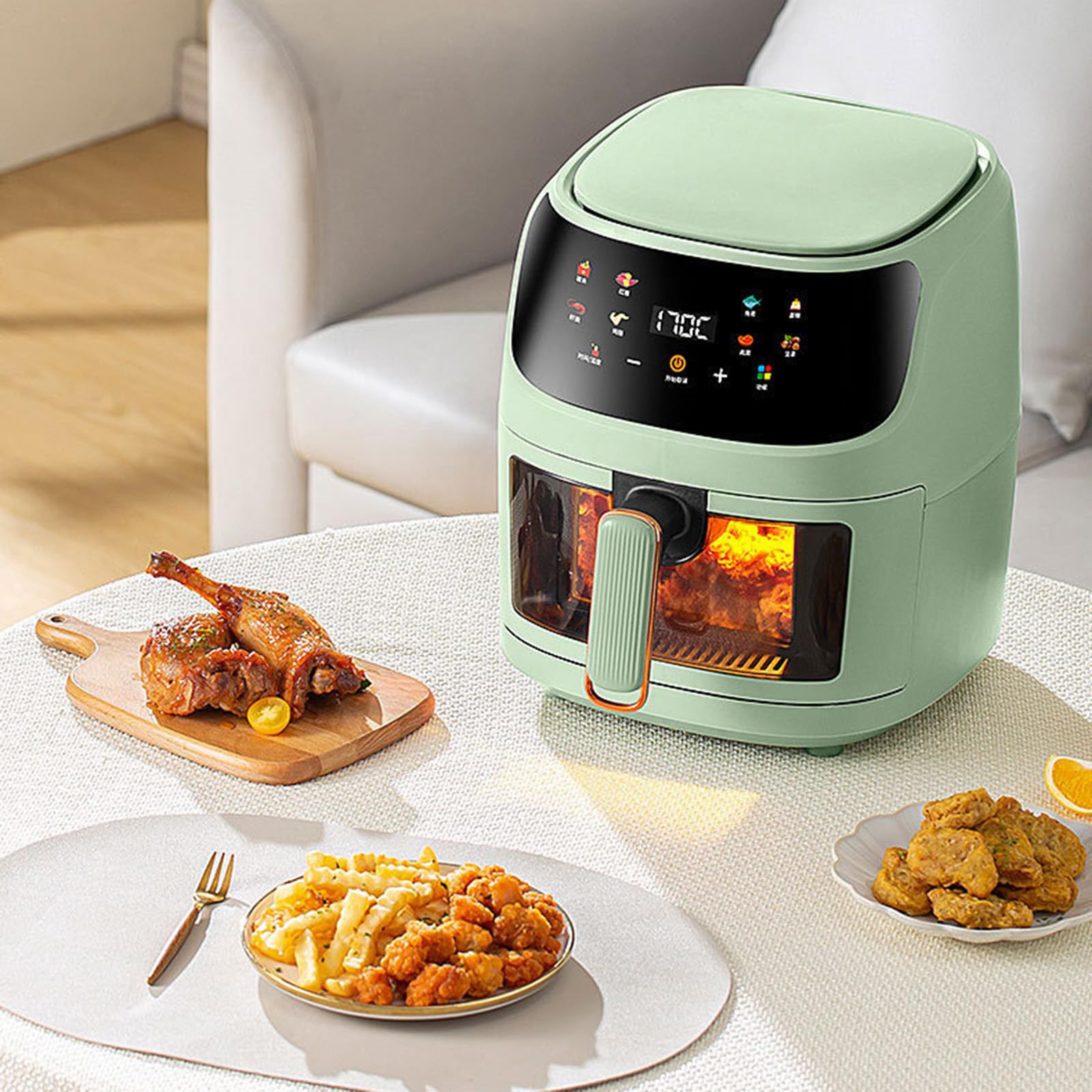Friggitrice Ad Aria con Oblò - capacità 8 Litri, Funzionamento One-Touch, Lavabile in Lavastoviglie, Cottura Ad Aria Calda Senza Olio, Friggitrice Multifunzione per Pasti（Green）