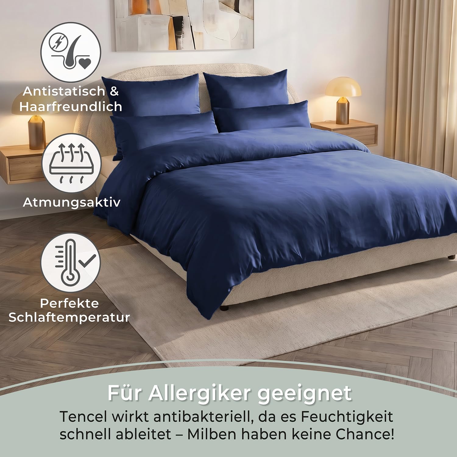 LAYNENBURG Premium Lyocell Bettwäsche in 135x200 + Kissenbezug 80x80 cm - 100% Lyocell Tencel aus u.a Eukalyptus – Oeko-TEX 100 - kühlende Sommer-Bettwäsche mit Reißverschluss (dunkelblau)